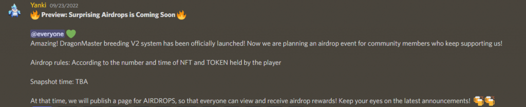 Screenshot of Discord announcement of Dragon Master Team about their plan for an airdrop event