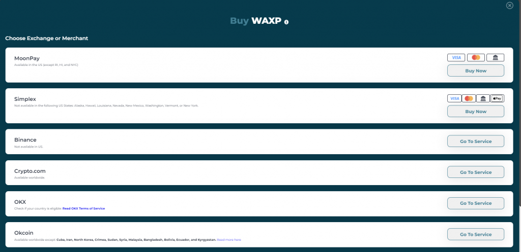 WAXP buy page with options for Exchange or Merchant