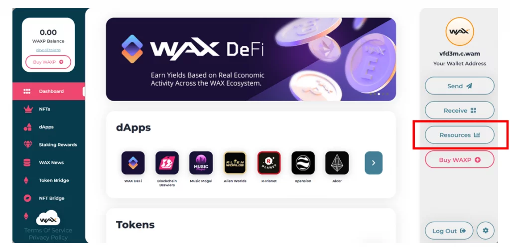 Your Wallet Address interface with Send, Receive, Resources, and Buy WAXP buttons