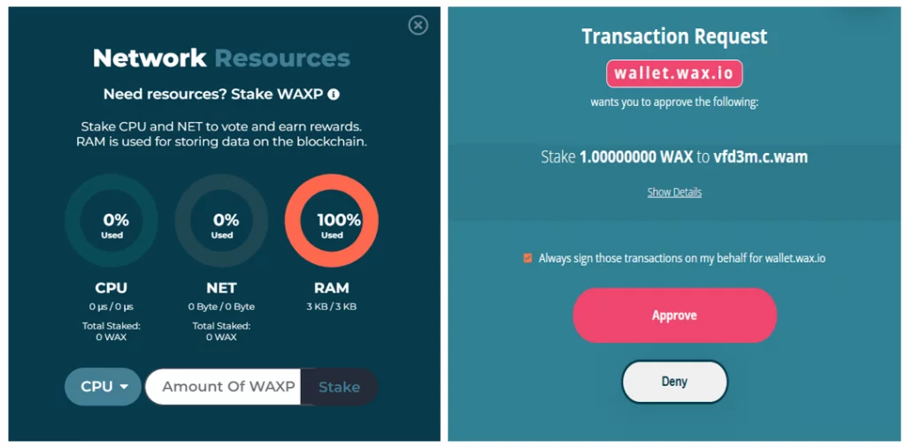 Network Resources with an option to stake WAXP, transaction request to approve the transaction, buttons to Approve or Deny