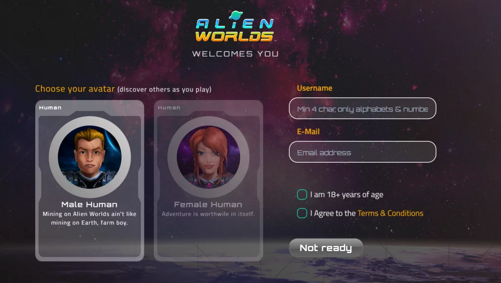 Alien Words Interface requesting to choose your avatar, input username and e-mail