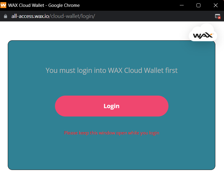 WAX Cloud Wallet pop up for wallet login