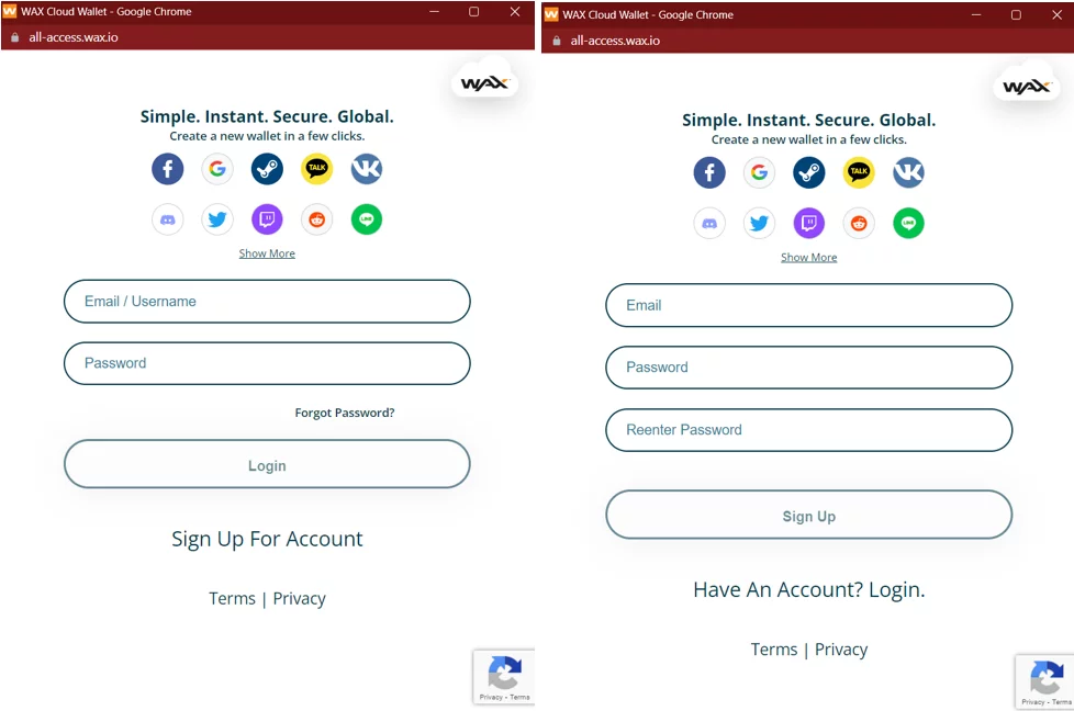 WAX Cloud Wallet pop up for signing up with Email/Username and Password
