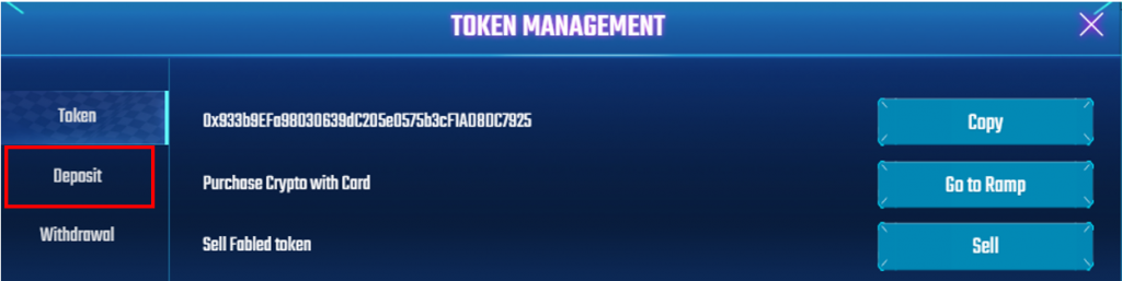 Token Management bar with options to deposit and withdraw.