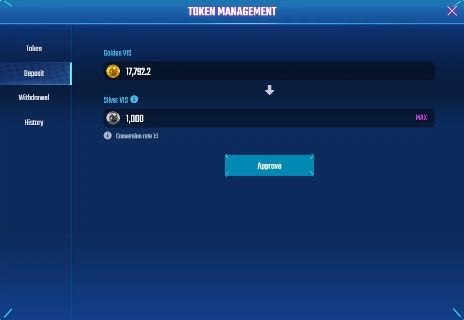 Token Management bar with options to deposit, withdraw, and approve transactions.