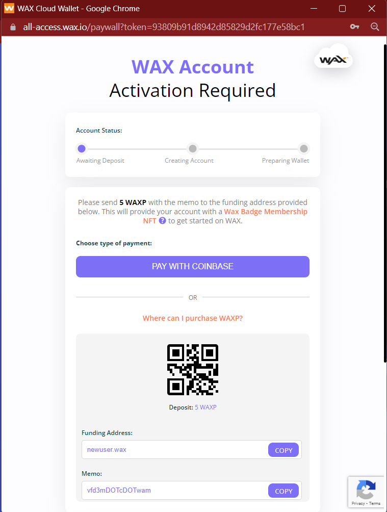 WAX Cloud Wallet pop up for account activation
