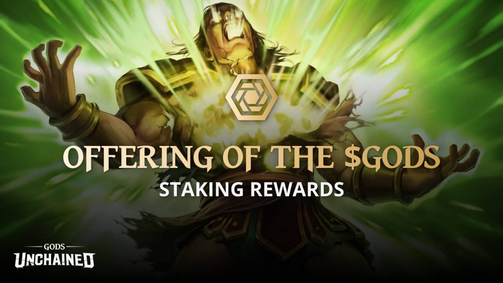 Gods Unchained Staking rewards written with avatar image in background