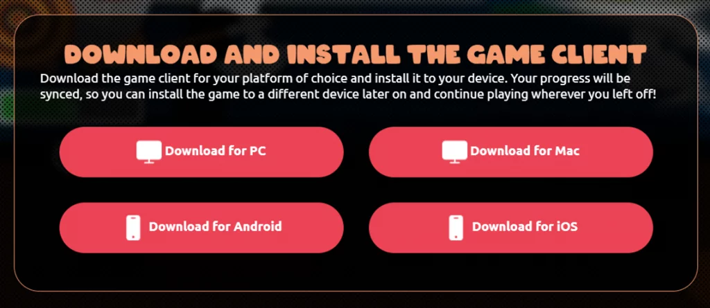 Download buttons for PC, Android, Mac, and iOS