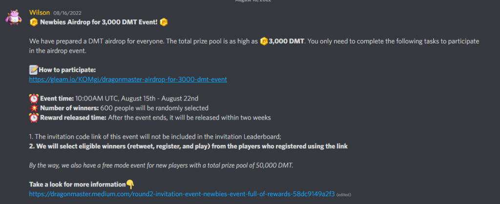 Screenshot of DragonMaster Discord announcement about Newbies Airdrop of 3,000 DMT