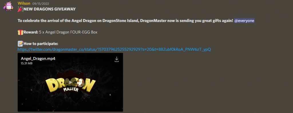 Screenshot of DragonMaster Discord announcement about new dragons giveaway