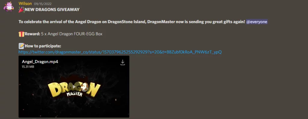 Screenshot of DragonMaster Discord announcement about new dragons giveaway