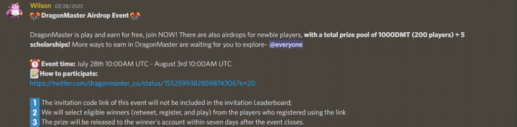 Screenshot of DragonMaster Discord announcement about Airdrop event