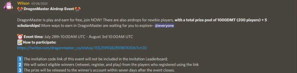 Screenshot of DragonMaster Discord announcement about Airdrop event
