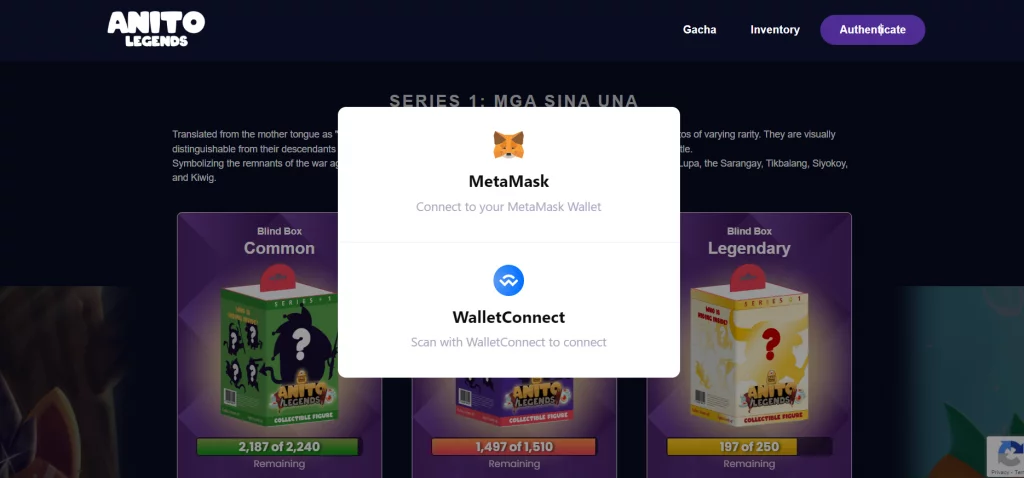 Anito Legends asking to connect your MetaMask wallet