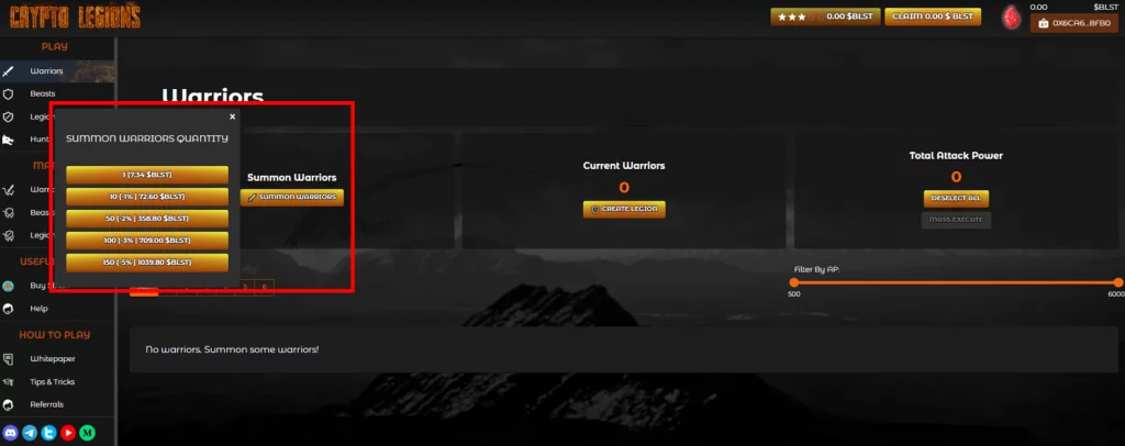 Crypto Legions Summon Warriors Drop Down Button