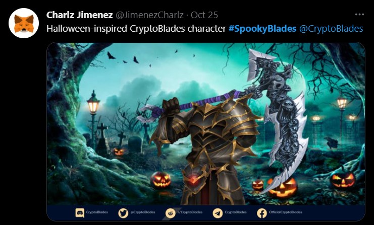 Halloween Art Contest sample entry showing a spooky background and CryptoBlades character