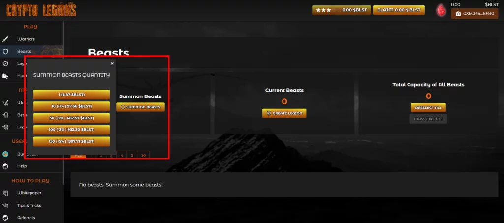 Crypto Legions Summon Beasts Drop Down Button