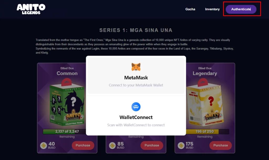 Anito Legends Marketplace wallet connection