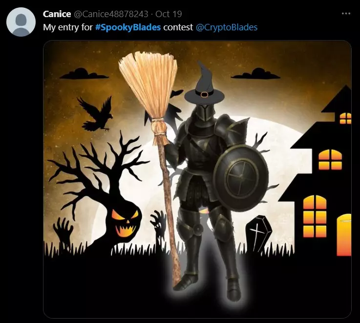Halloween Art Contest sample entry showing one spooky CryptoBlades character holding a broom