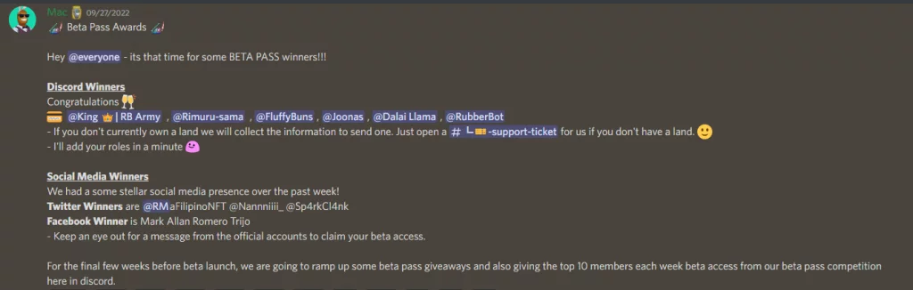 Screenshot of Rebel Bots Discord announcement about the Beta Pass Awards