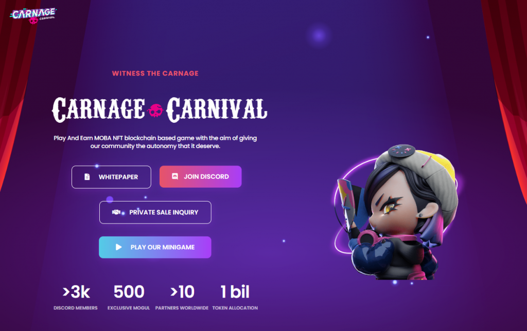 The Carnage Carnival official website featuring the playable mini-game that can be played for free.