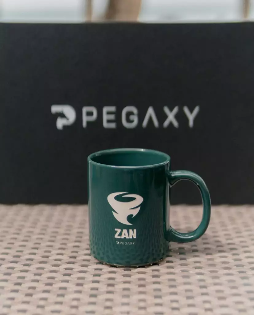 A green Zan mug from the merch box