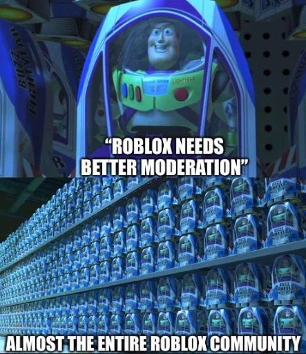 Buzz Lightyear figurines on the shelf looking exactly like each other just like the whole Roblox community.