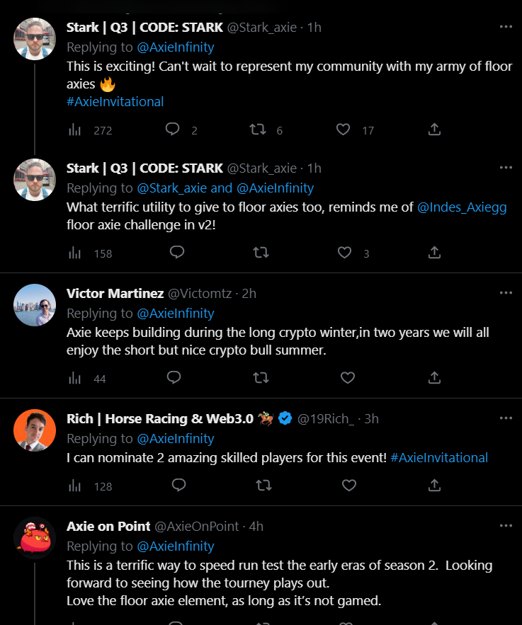 Community replies to Axie Infinity's tweet about the  off-season community tournament