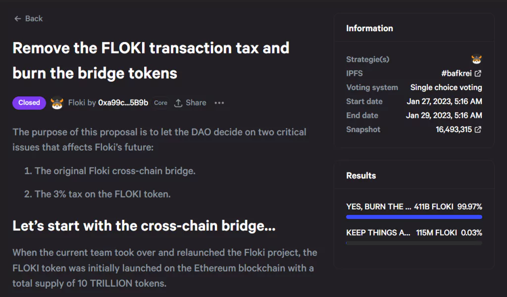 Floki Transaction Tax Reduction Voting Snapshot