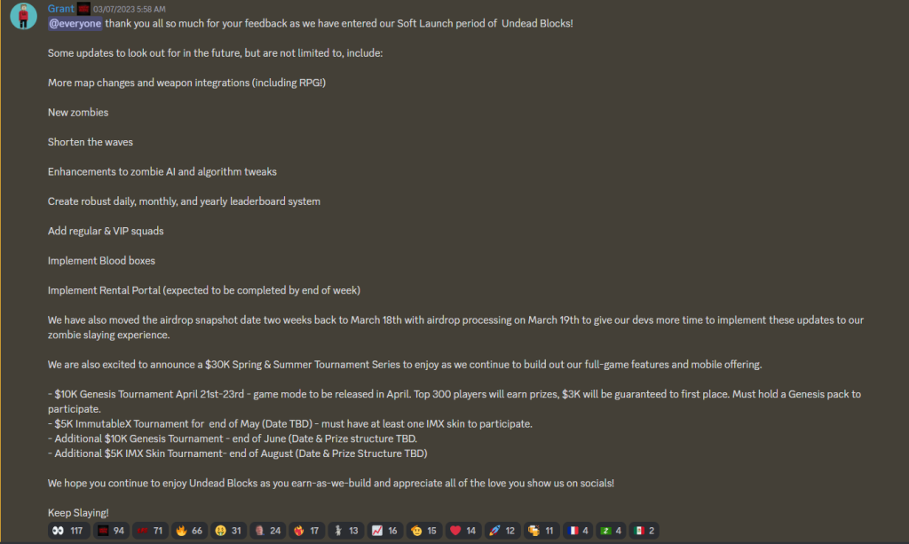 Undead Blocks Announcement in Discord of the $30K Spring and Summer Tournament Series