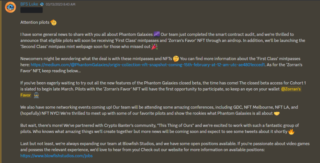 Phantom Galaxies' announcement of closed beta on discord