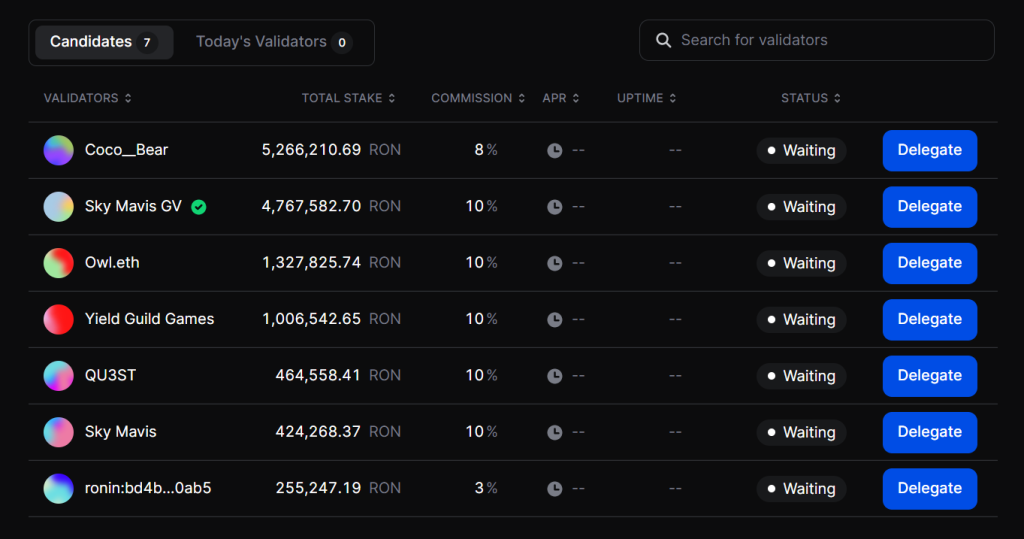 Ronin Staking validators interface 