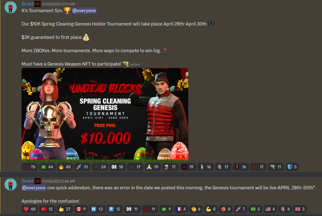 Discord announcement of the Undead Blocks Spring Cleaning Genesis Tournament 