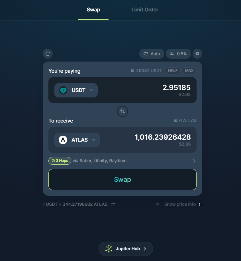 Swapping USDT to ATLAS