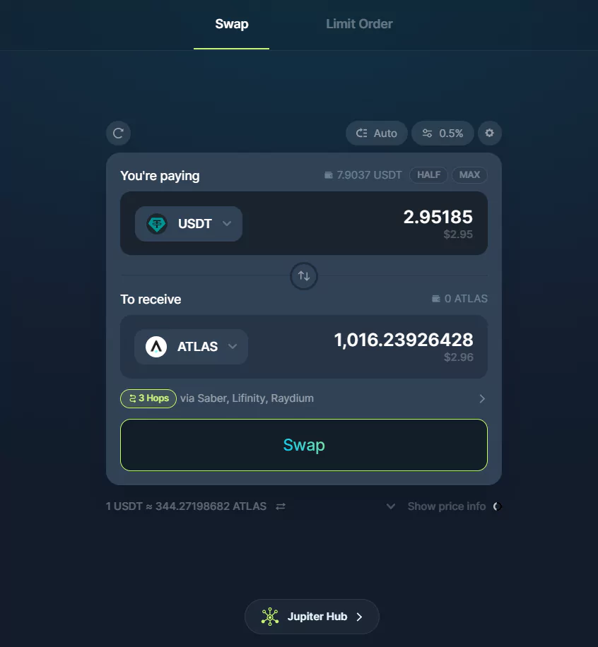 Swapping USDT to ATLAS