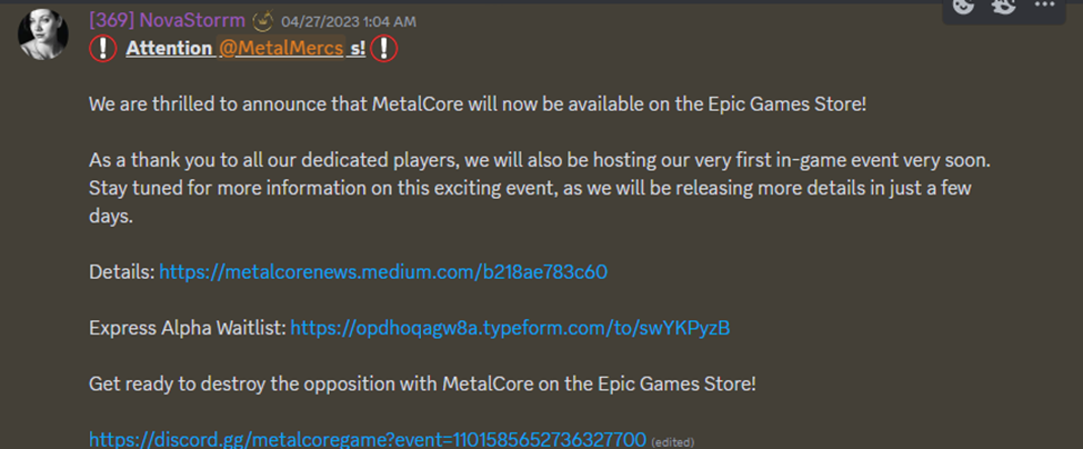 MetalCore discord announcement