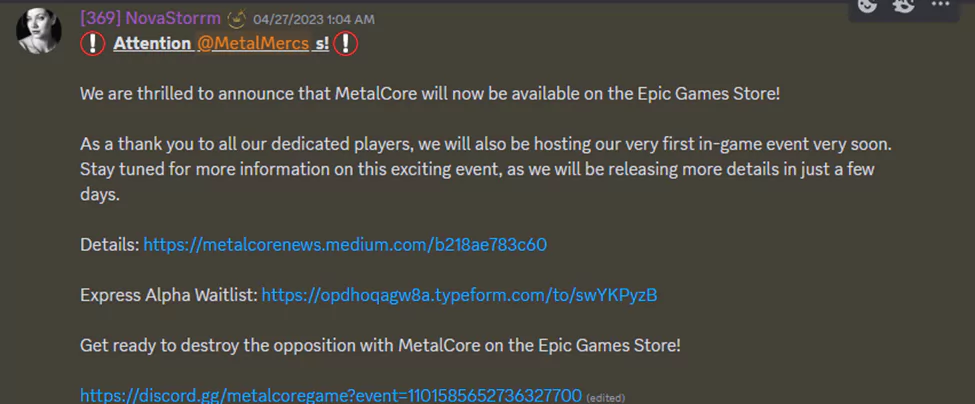 MetalCore discord announcement